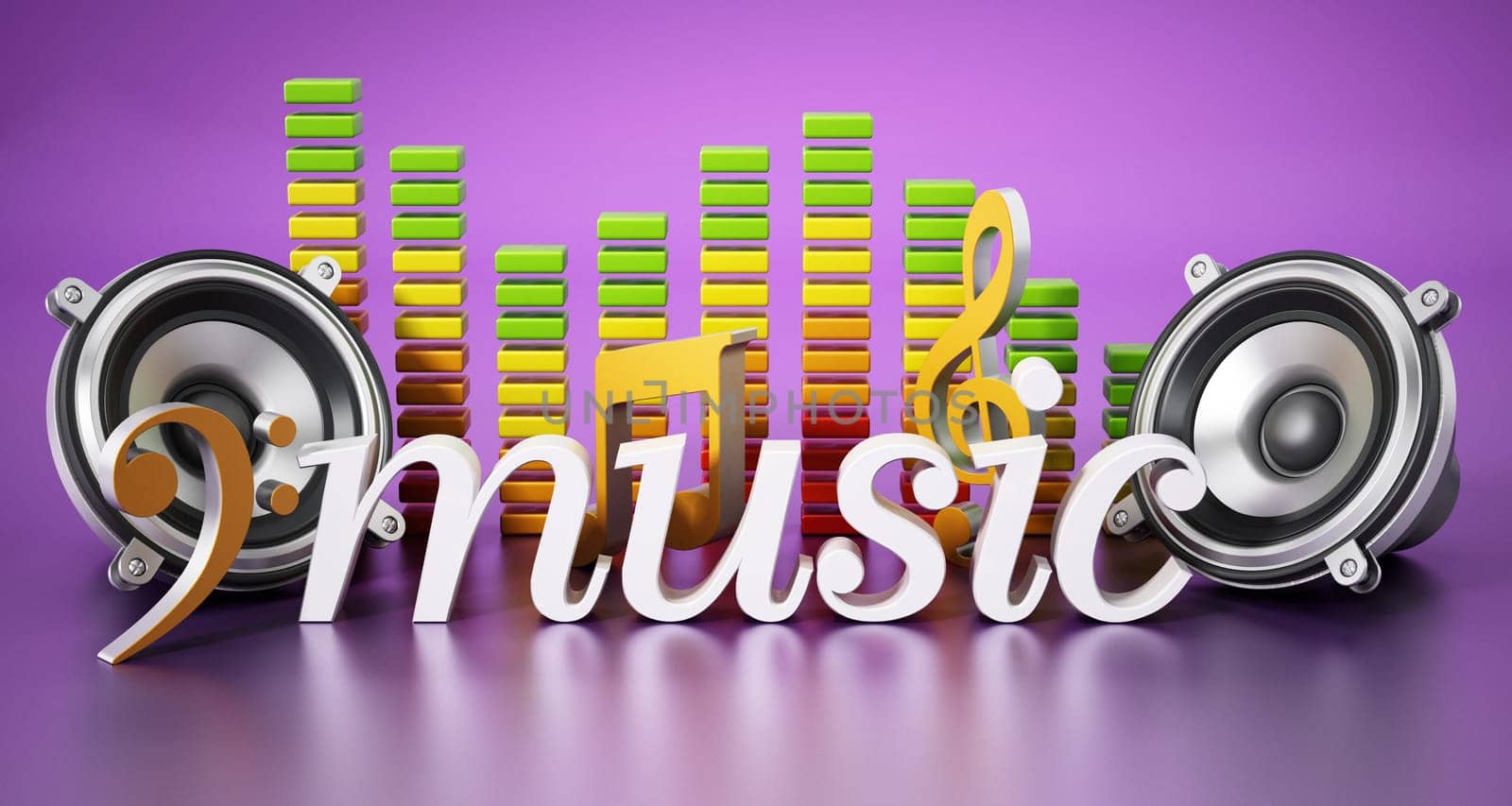 Music text speakers music notes and equalizer. 3D illustration.