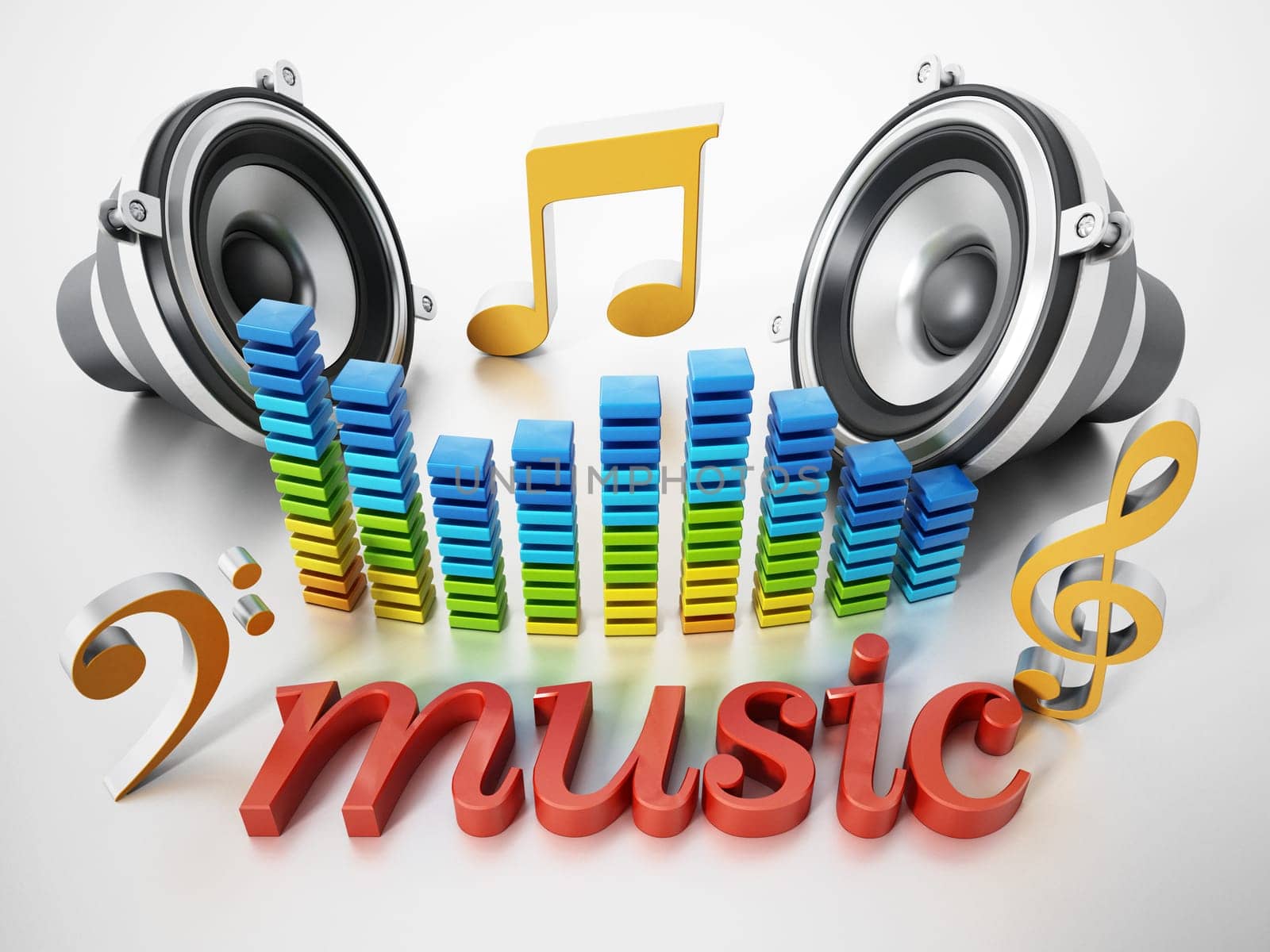 Music text speakers music notes and equalizer. 3D illustration.