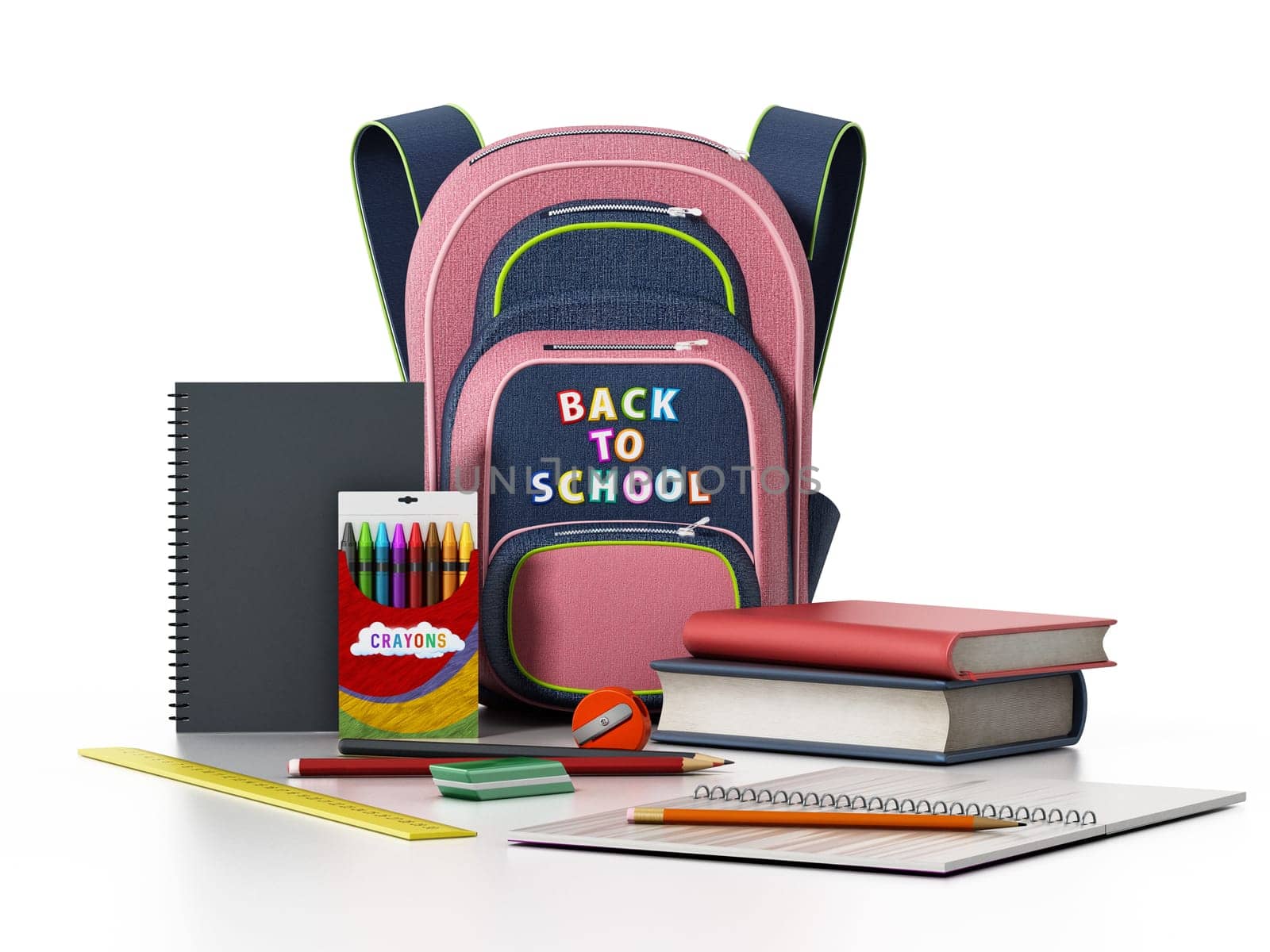 School backpack and education objects isolated on white background. 3D illustration.