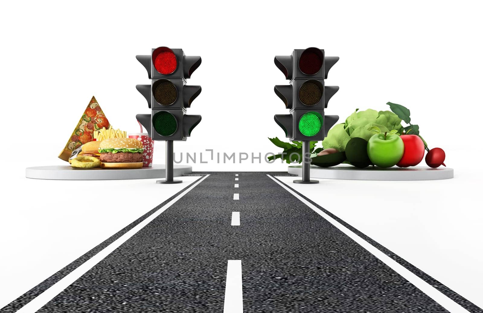 Green light for healthy food and red light for junk food. 3D illustration.