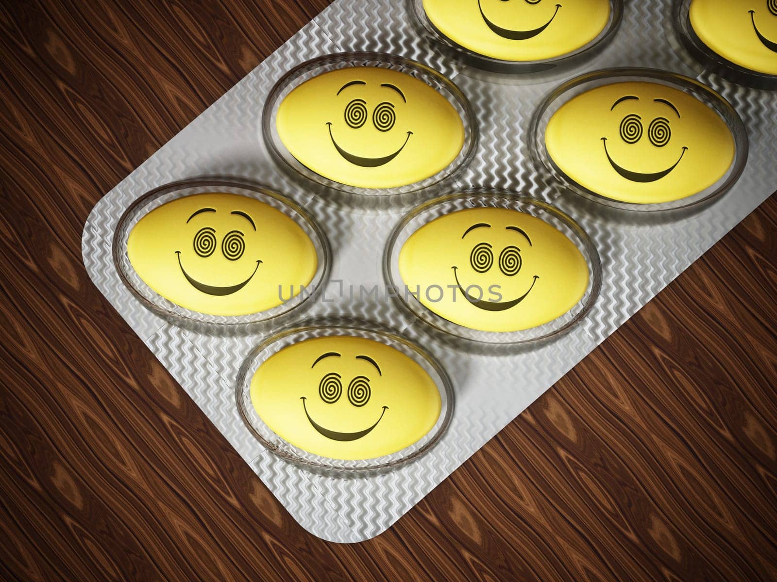 Antidepressant pill with smiling face in blister pack. 3D illustration.