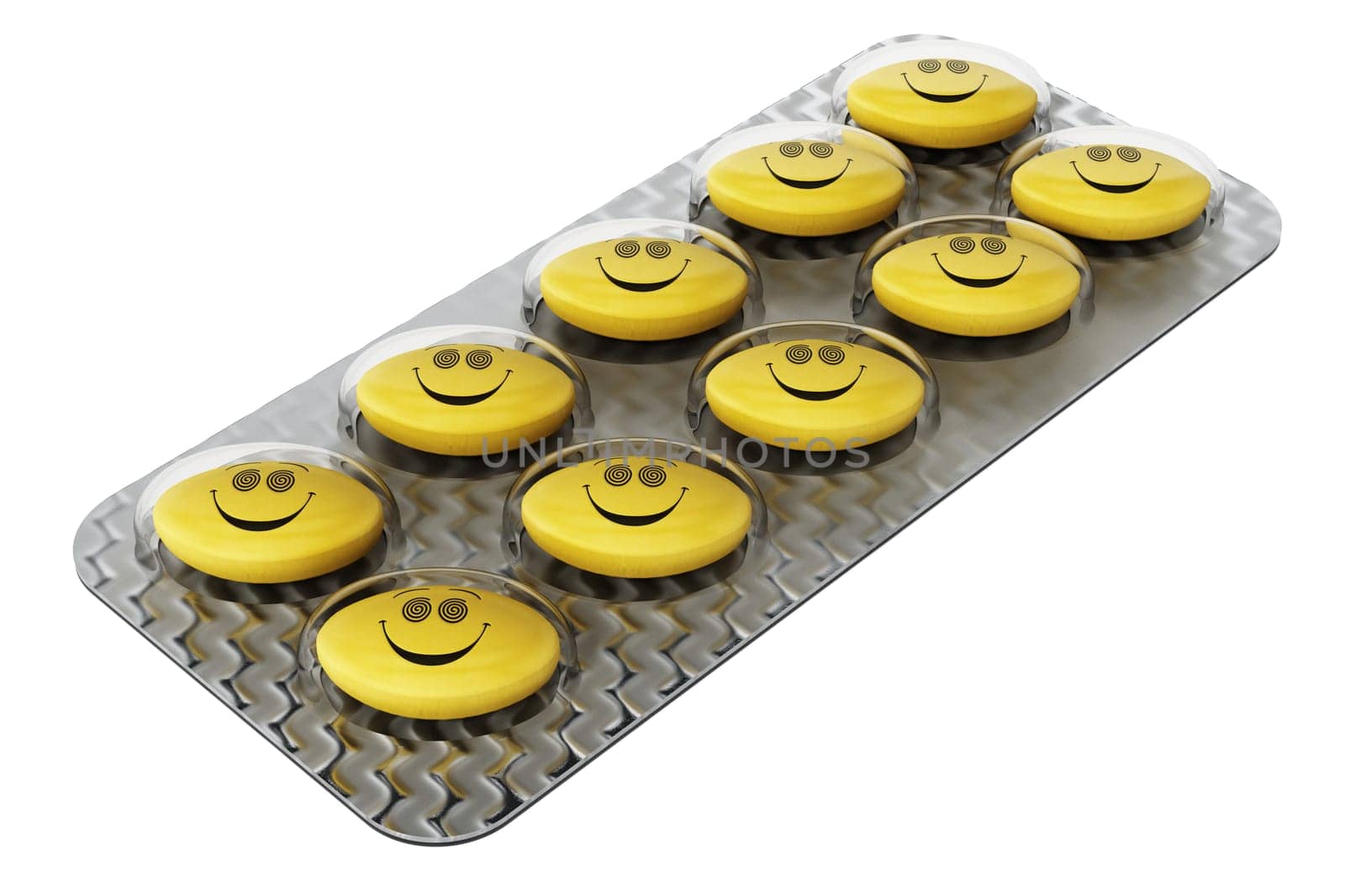 Antidepressant pill with smiling face in blister pack. 3D illustration.