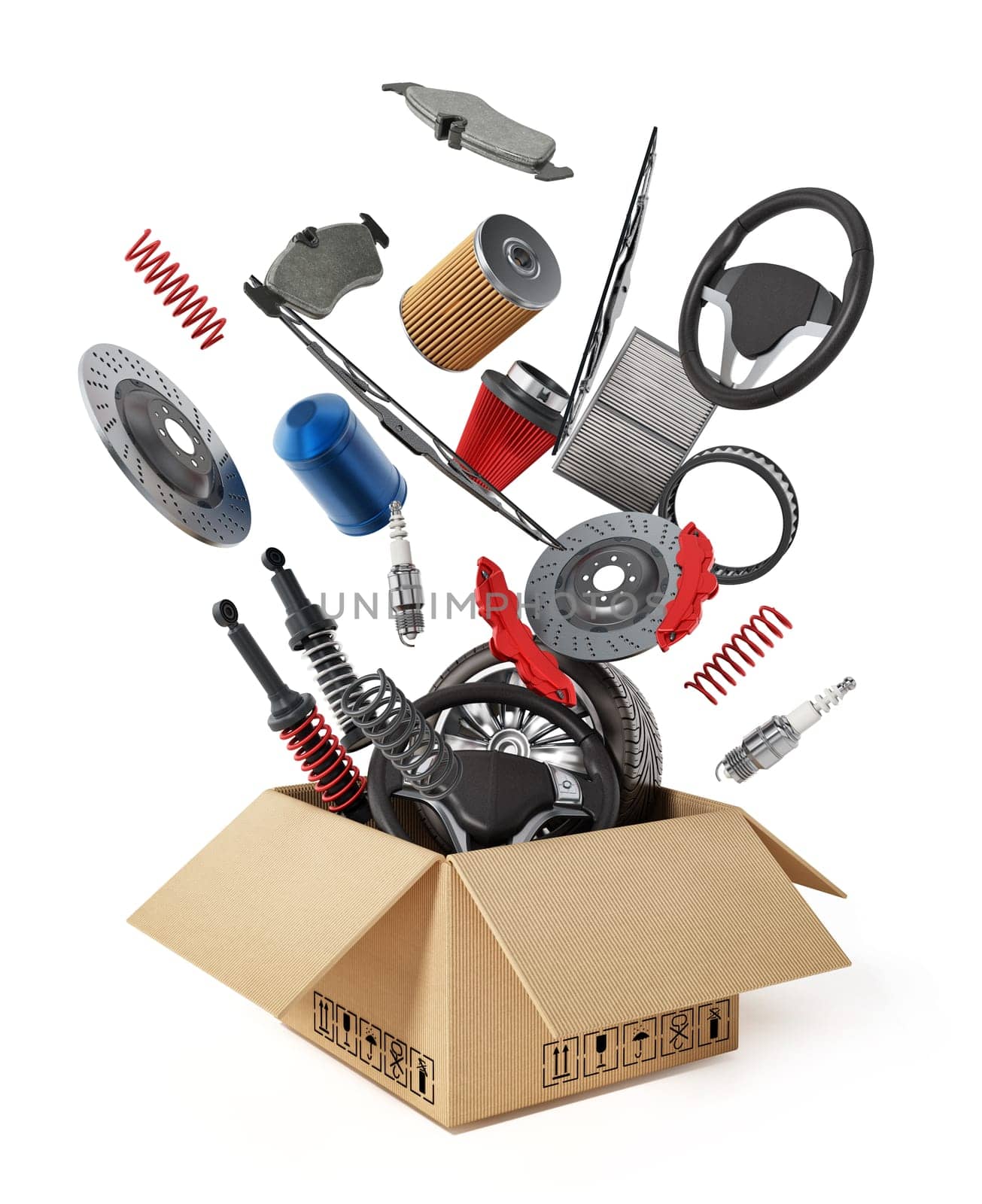 Auto spare parts standing on white background. 3D illustration.