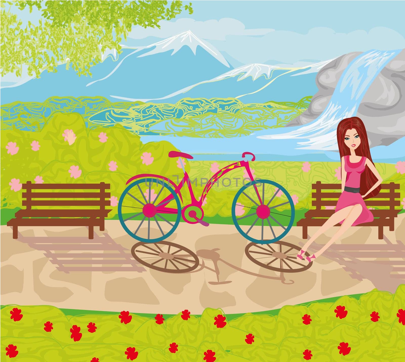 girl sitting on the bench in the park