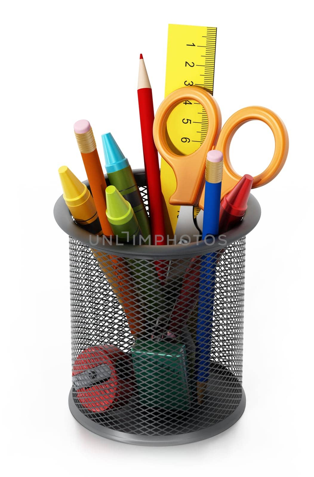 Metal pencil holder with school supplies. 3D illustration.