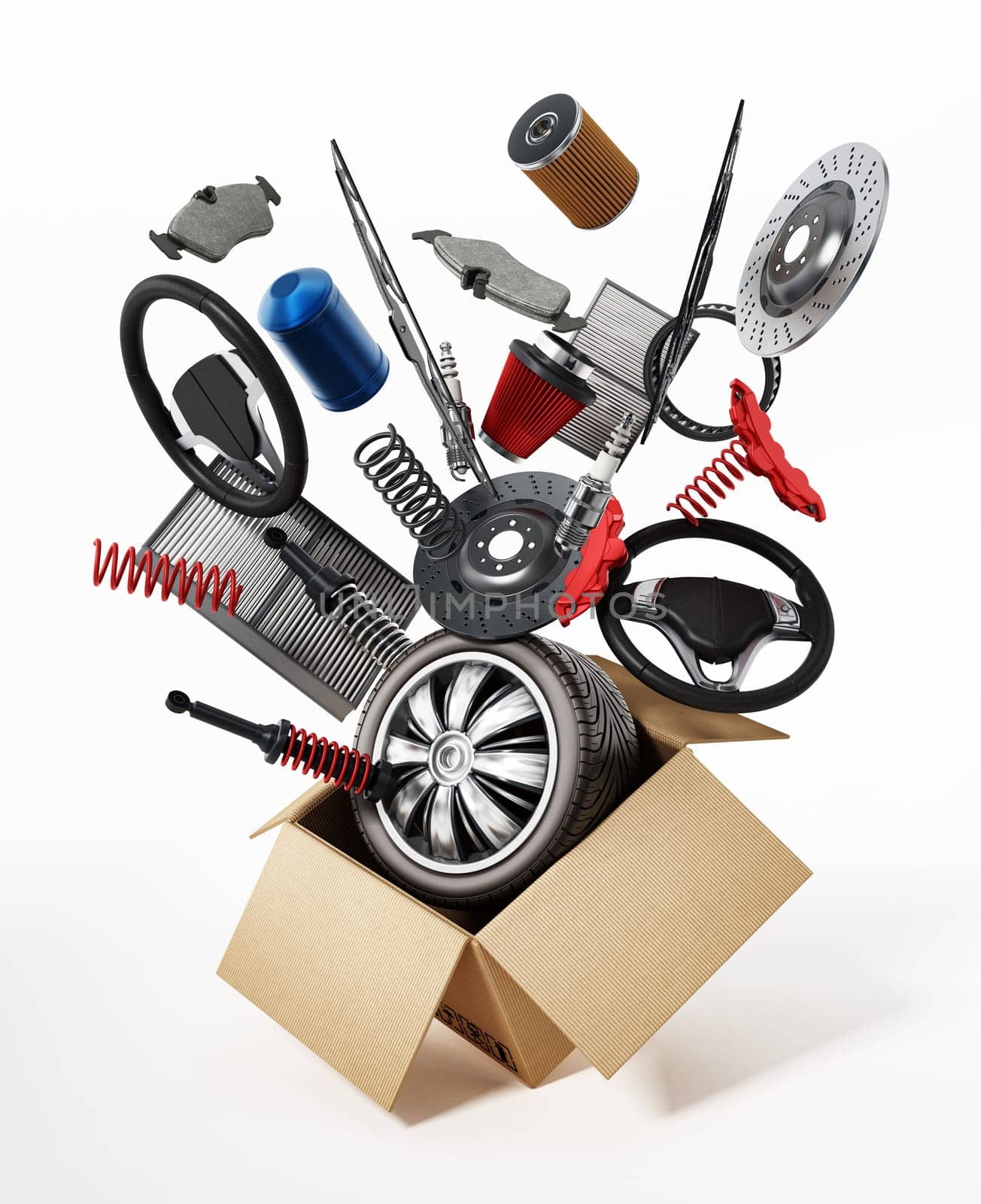 Auto spare parts standing on white background. 3D illustration.