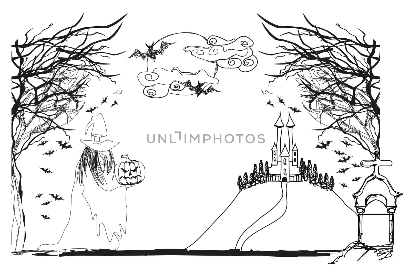 Illustration of witch with Halloween pumpkin