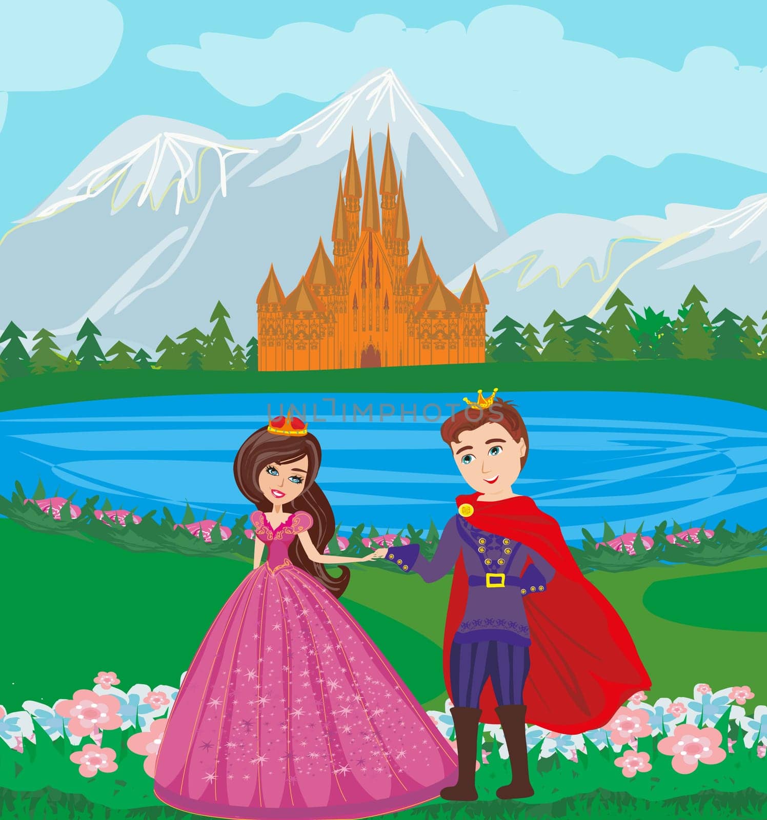 Beautiful castle and princess with prince