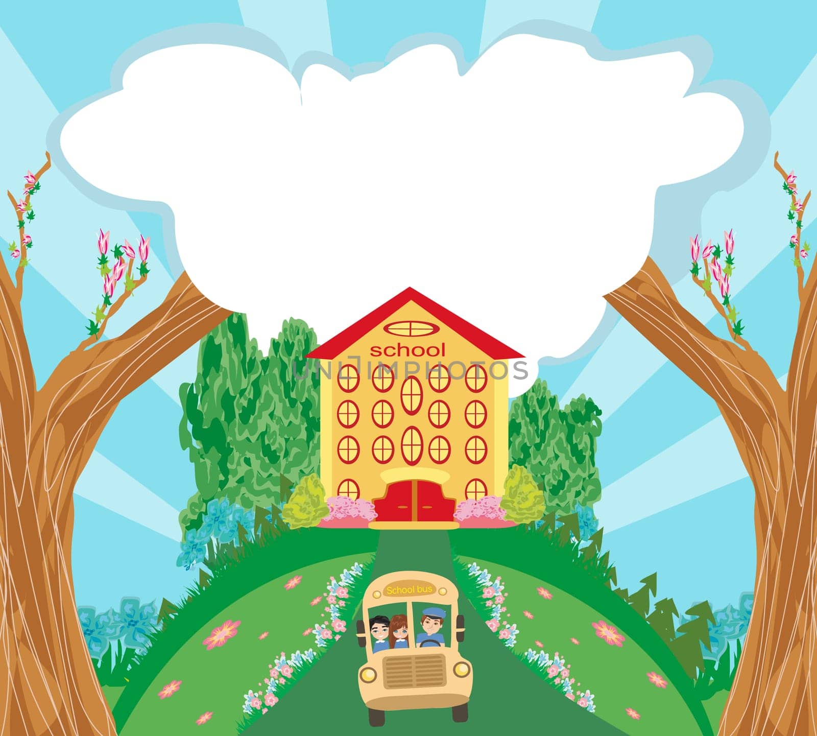 School bus with happy children