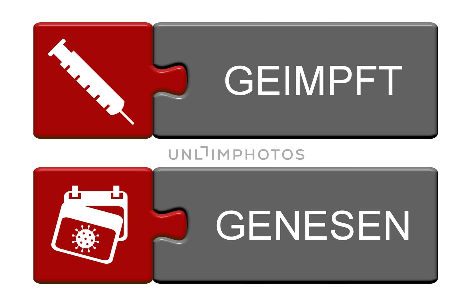 2 red grey puzzle buttons showing: Vaccinated and Recovered in german language 3D illustration