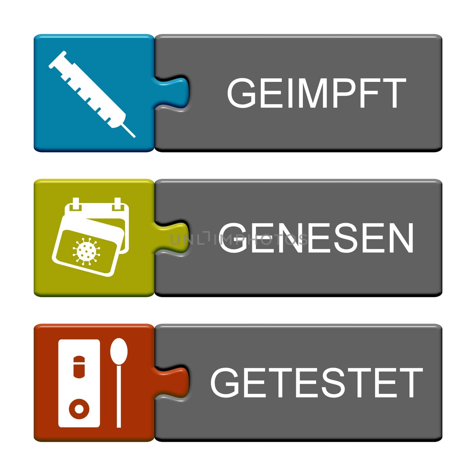 3 blue, yellow red, grey Puzzle Buttons showing: Vaccinated, Recovered and Tested in german language 3D illustration