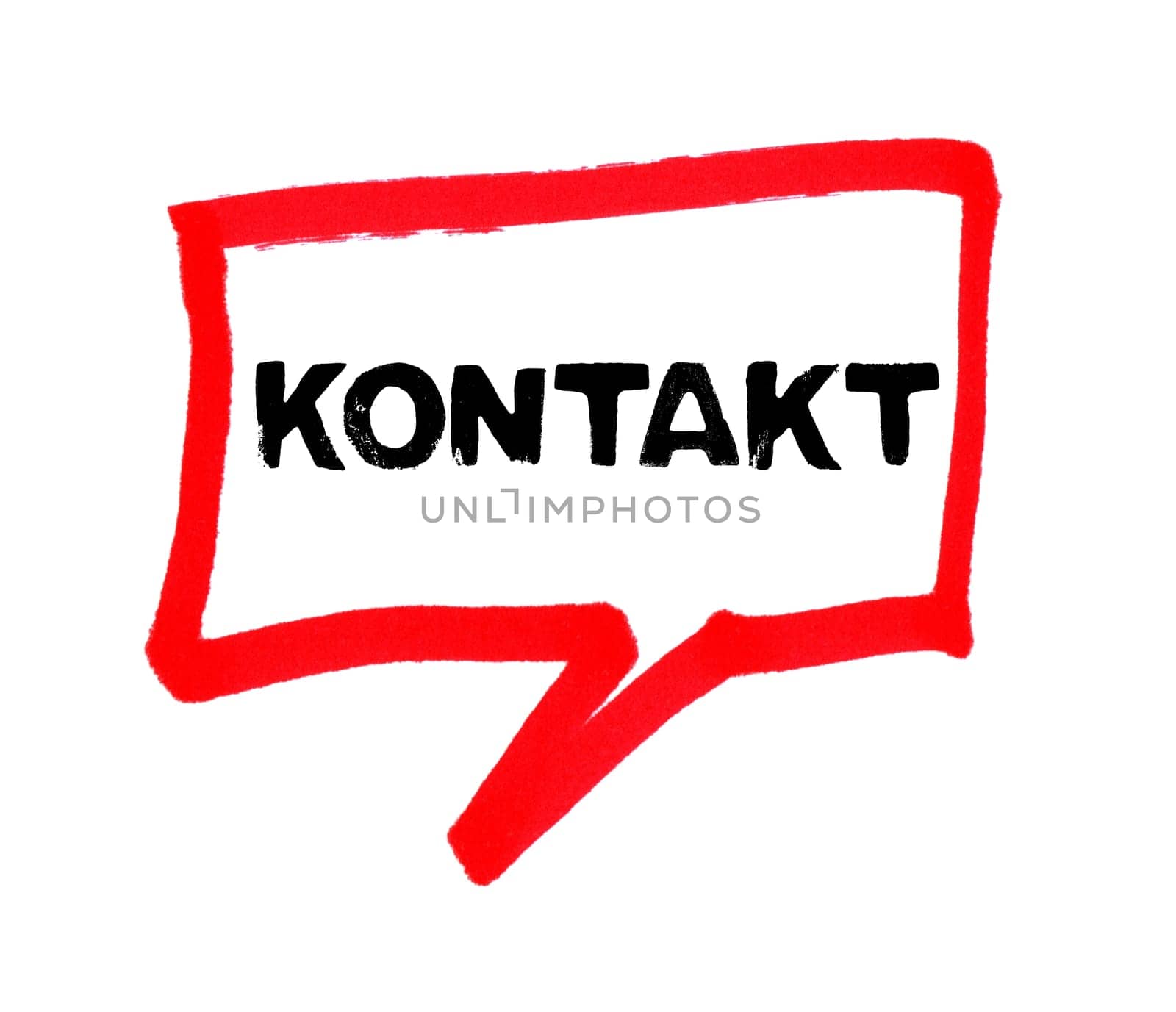 Red balloon with grunge text showing Contact in german language