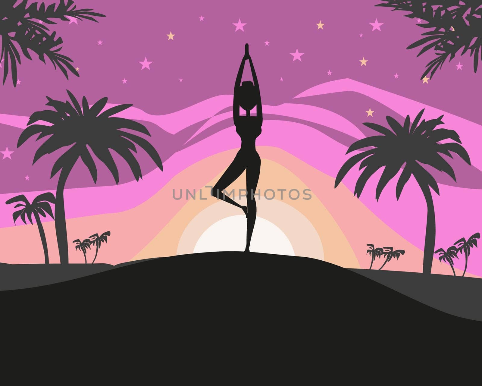 Silhouette woman practicing yoga on the beach at sunset.