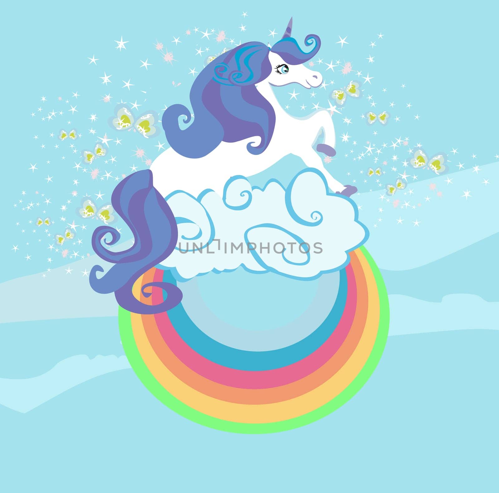 Card with a cute unicorn rainbow in the clouds.