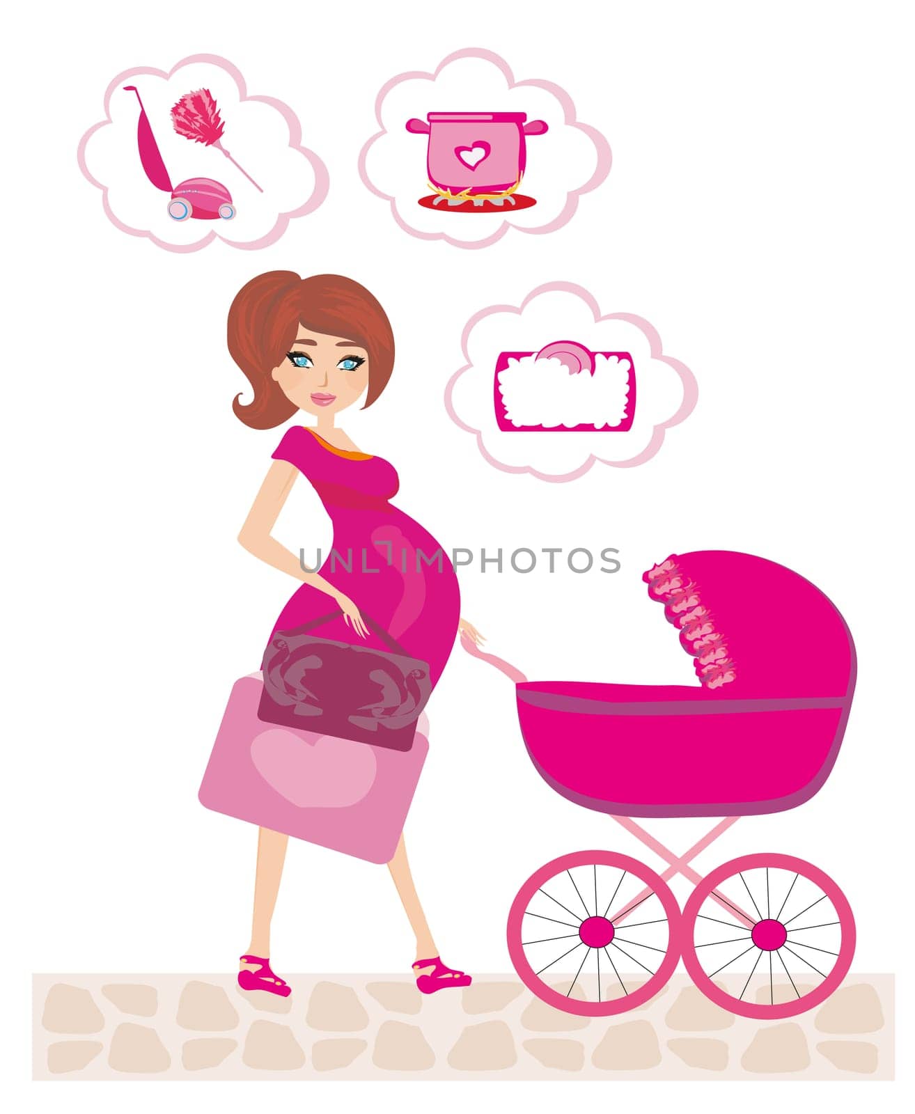 Pregnant woman pushing a stroller and thinks of  homework