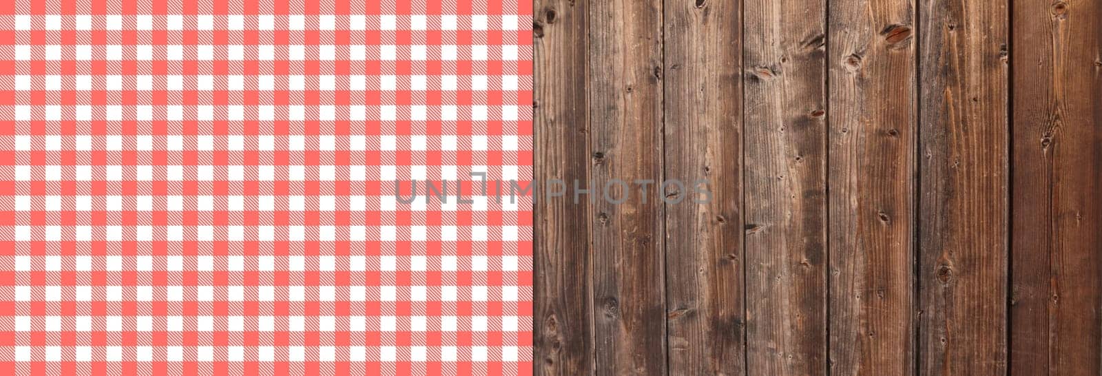 Old rustic brown wooden planks with red and white checkered tablecloth texture