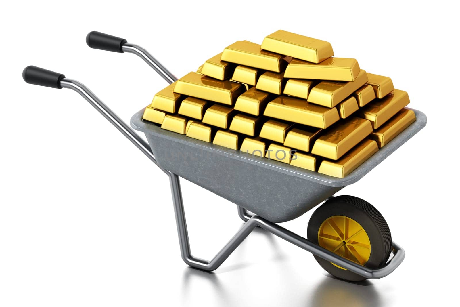 Wheelbarrow full of gold isolated on white background. 3D illustration.