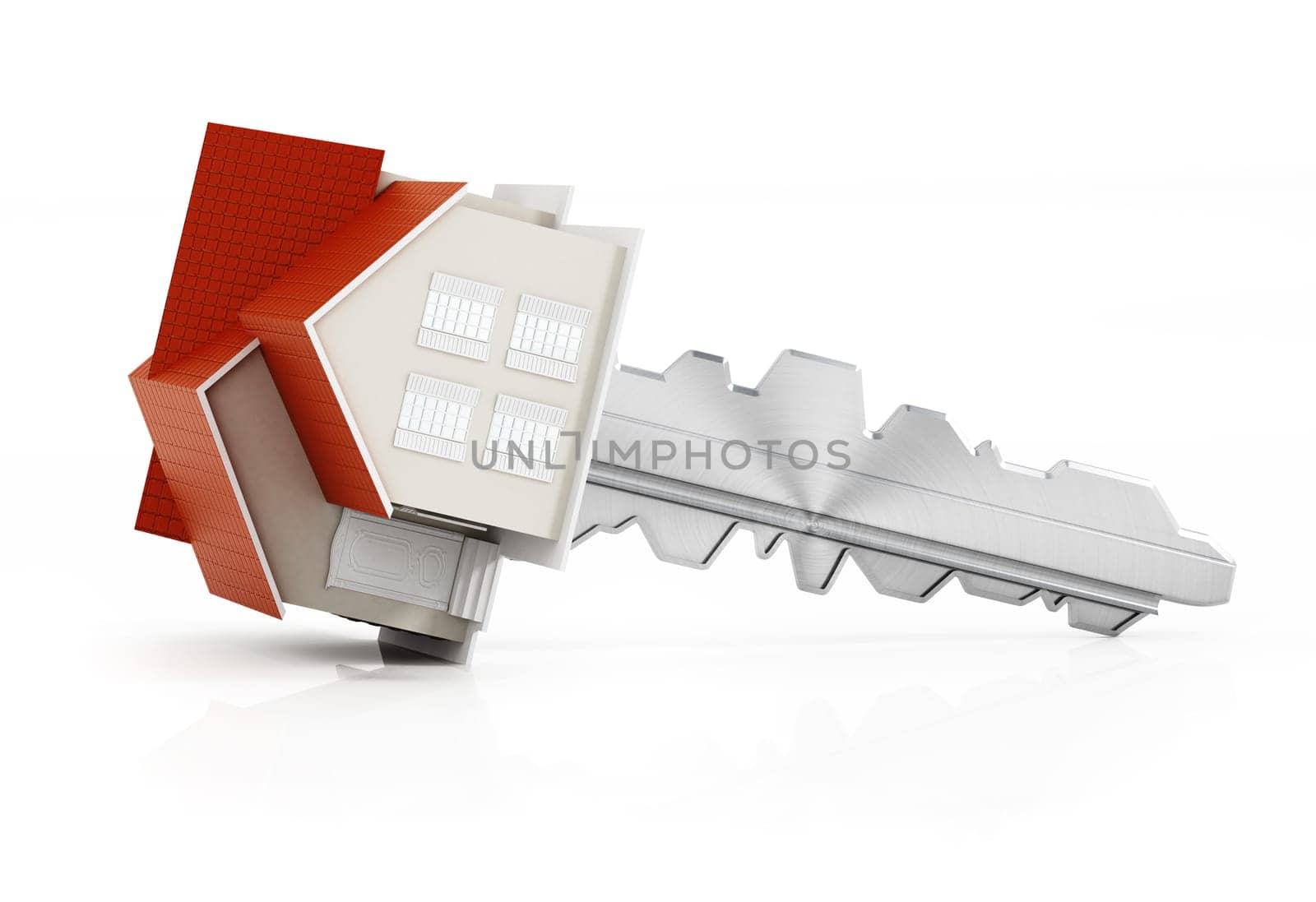 House model connected to the metal key. 3D illustration.