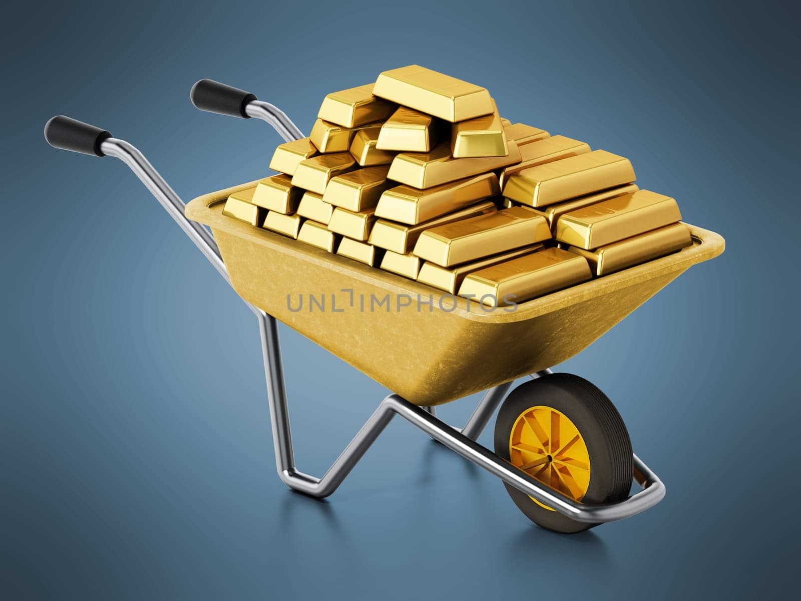Wheelbarrow full of gold on blue background. 3D illustration.