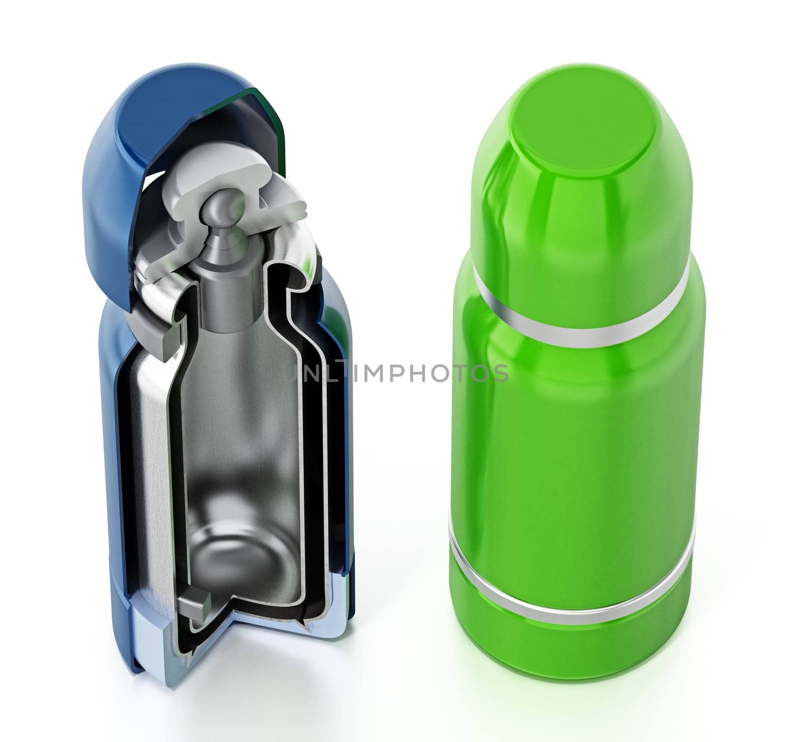 Diagram showing vacuum flask layers. 3D illustration.
