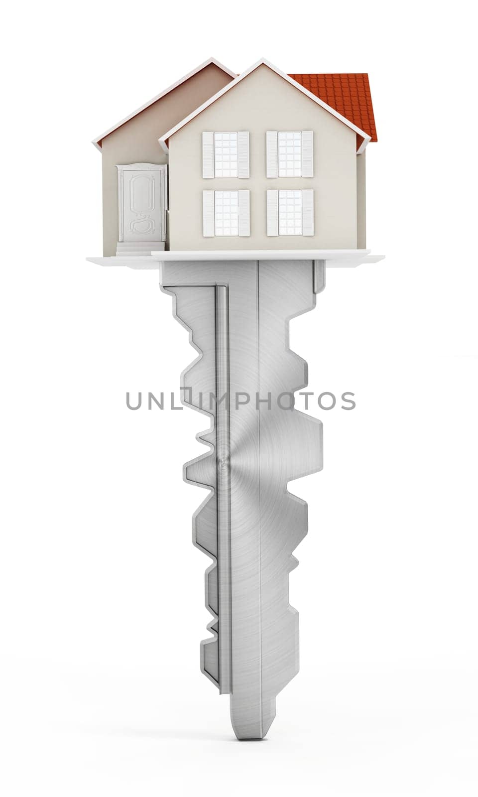 House model connected to the metal key. 3D illustration.