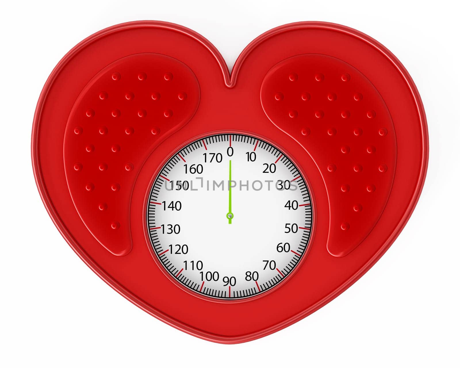 Heart shaped red bathroom scale. 3D illustration.