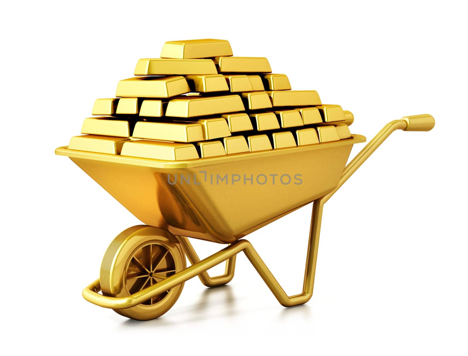 Wheelbarrow full of gold isolated on white background. 3D illustration.