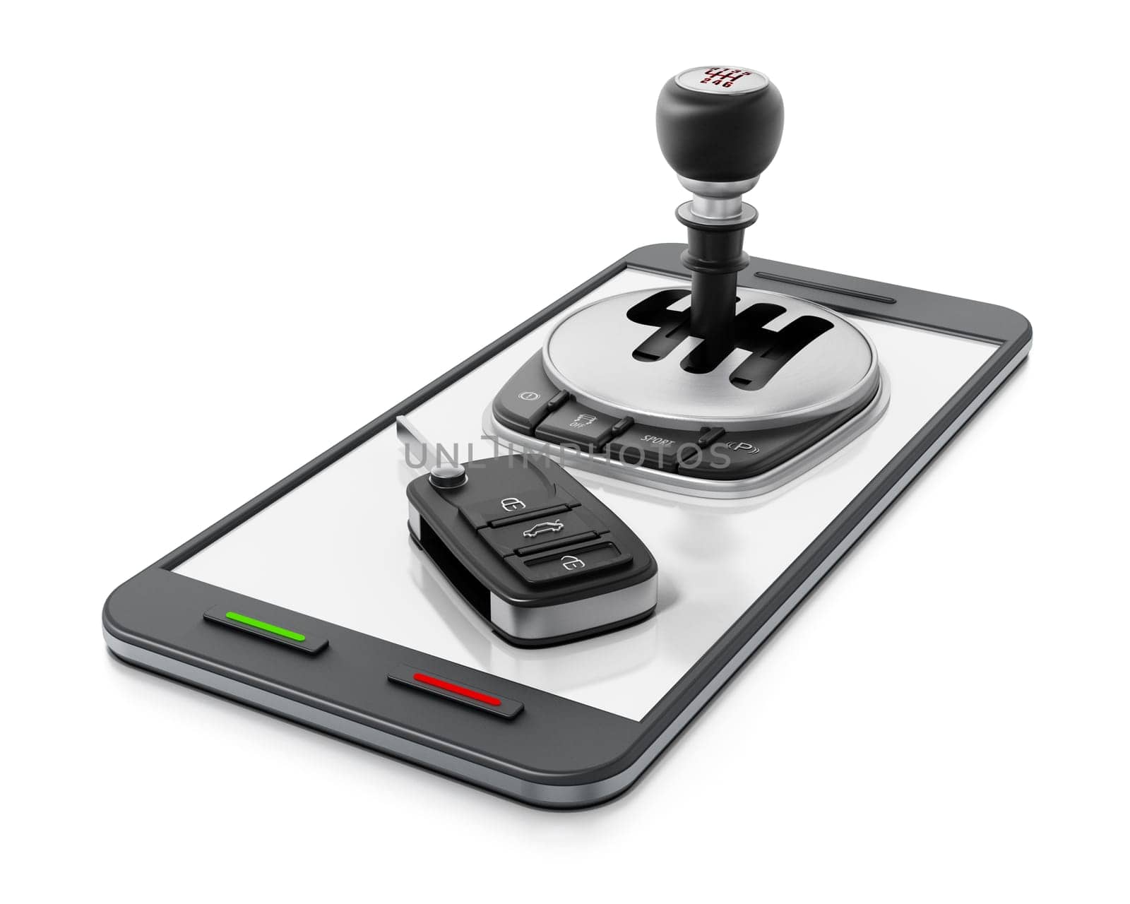 Car manual transmission and key standing on smartphone. 3D illustration.