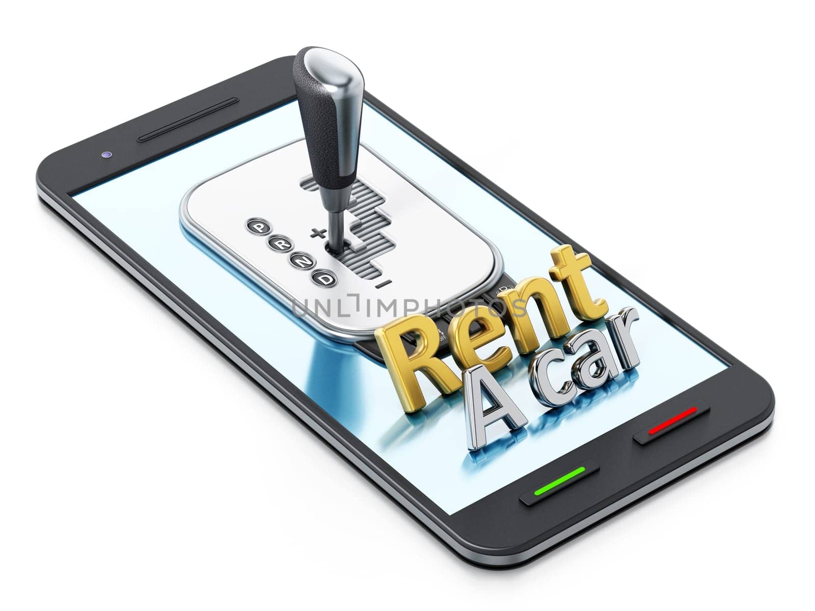 Automatic car transmission and rent a car text standing on smartphone. 3D illustration.