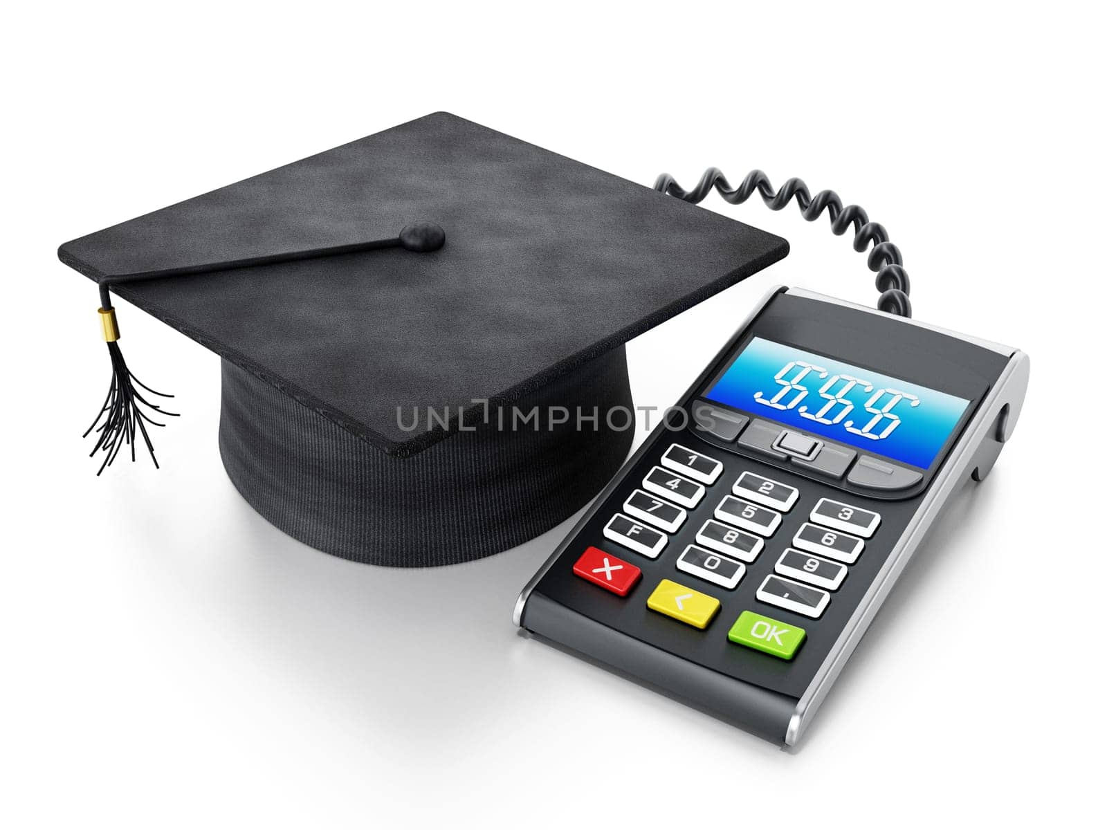 Education expenses concept with calculator connected to mortarboard. 3D illustration.