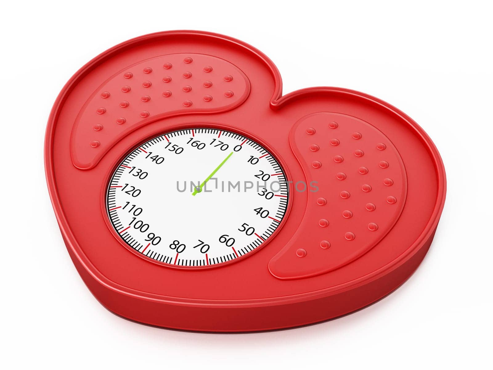 Heart shaped red bathroom scale. 3D illustration.