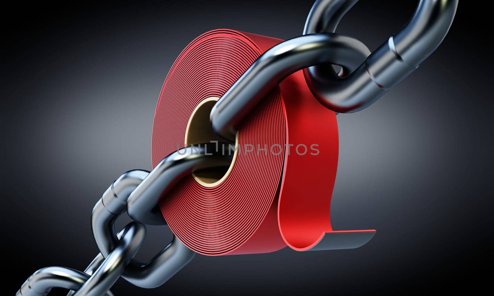 Extra strong adhesive tape among chain parts. 3D illustration.