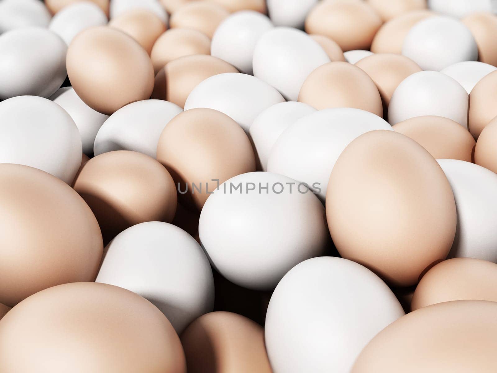 Brown and white fresh farm eggs. 3D illustration.