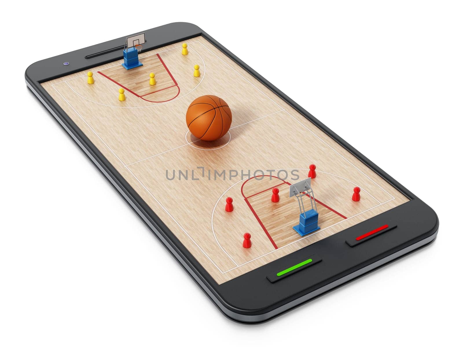 Basketball court, hoops and players standing on smartphone. 3D illustration.