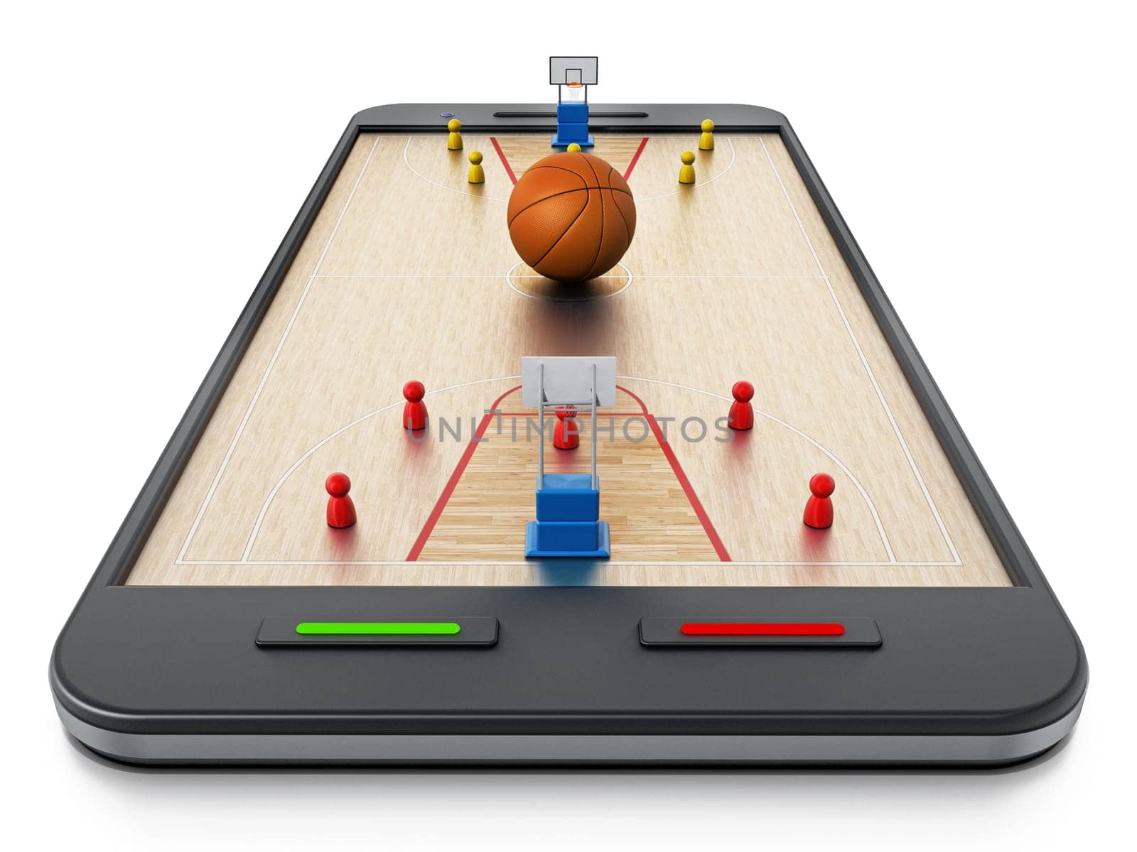 Basketball court, hoops and players standing on smartphone. 3D illustration.
