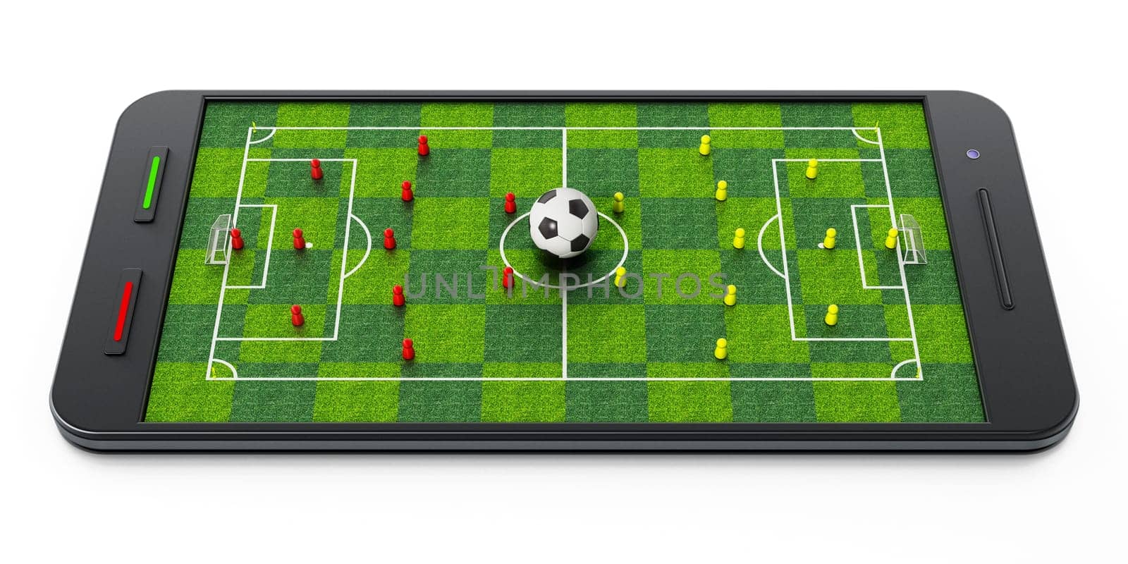 Smartphone with soccer field, football and pawns. 3D illustration.
