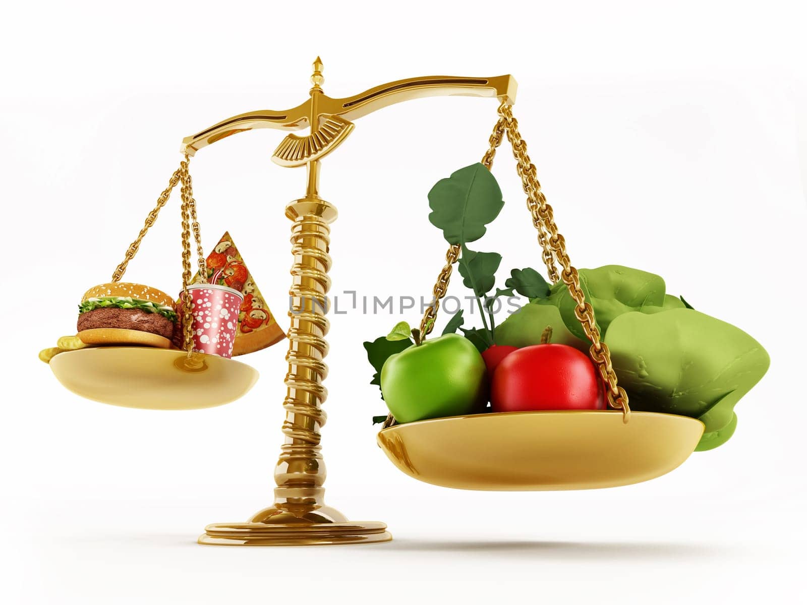 Healthy food and junk food in scales of a balanced scale. 3D illustration.