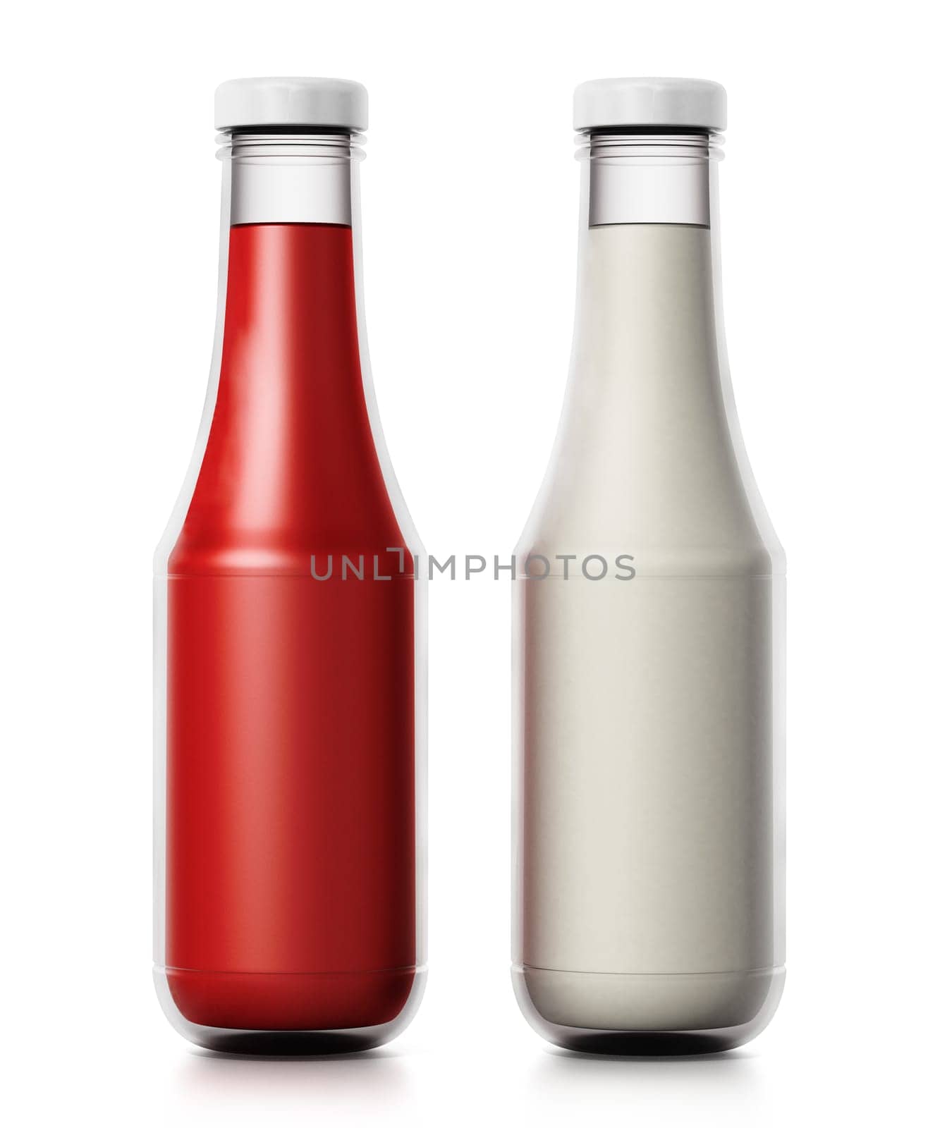Glass ketchup and mayonnaise bottles isolated on white background. 3D illustration.