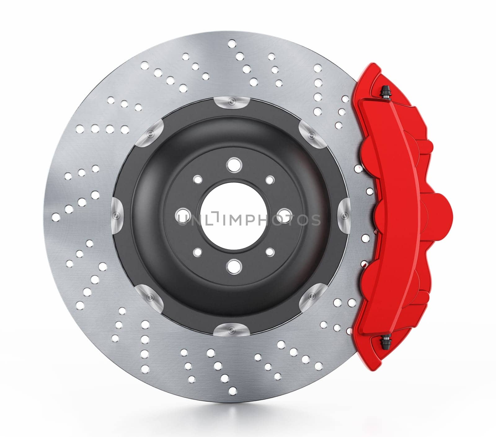 Car brake disc and red caliper isolated on white background. 3D illustration.