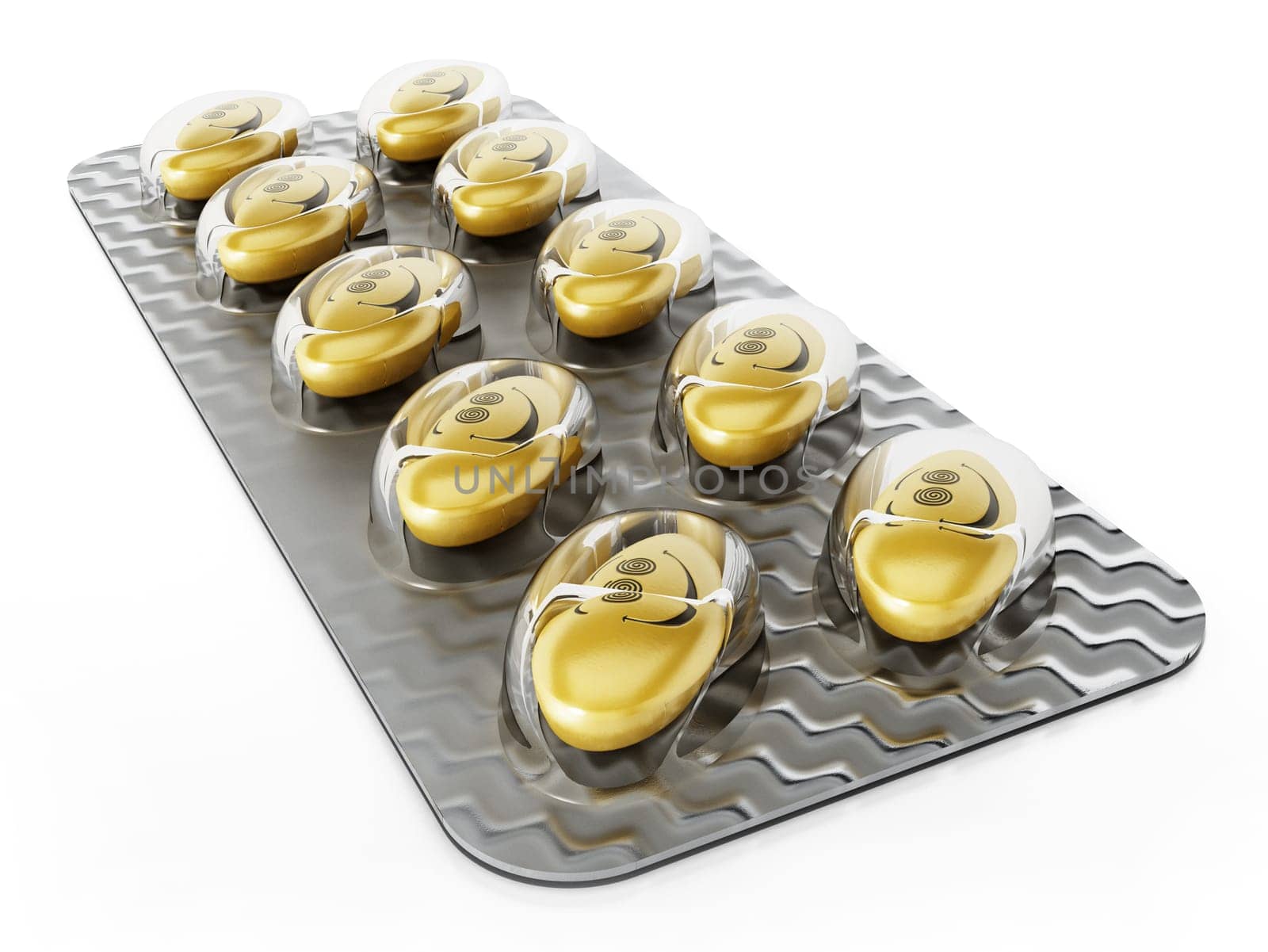 Antidepressant pill with smiling face in blister pack. 3D illustration.