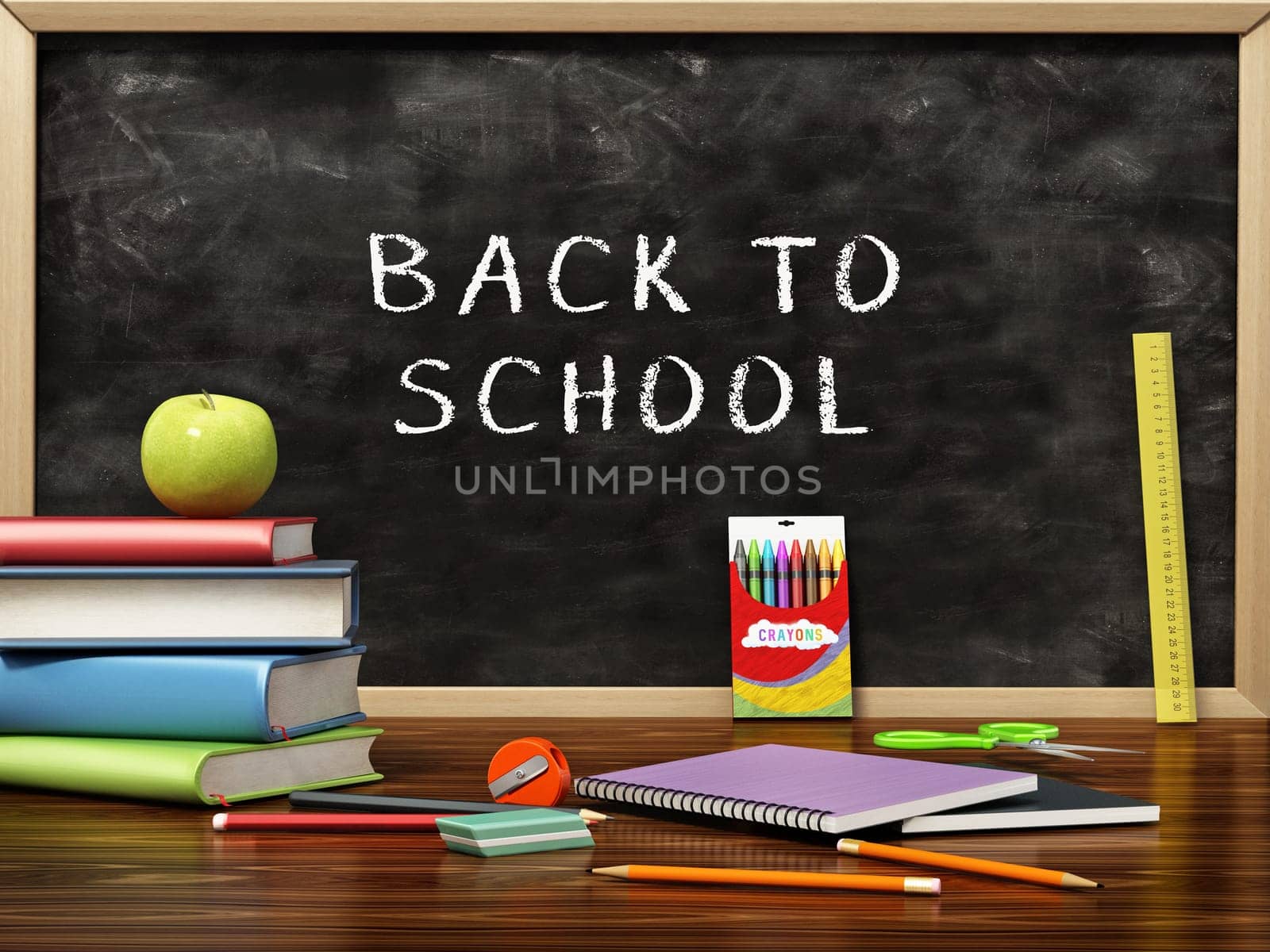 School backpack and objects scattered on the table. 3D illustration.