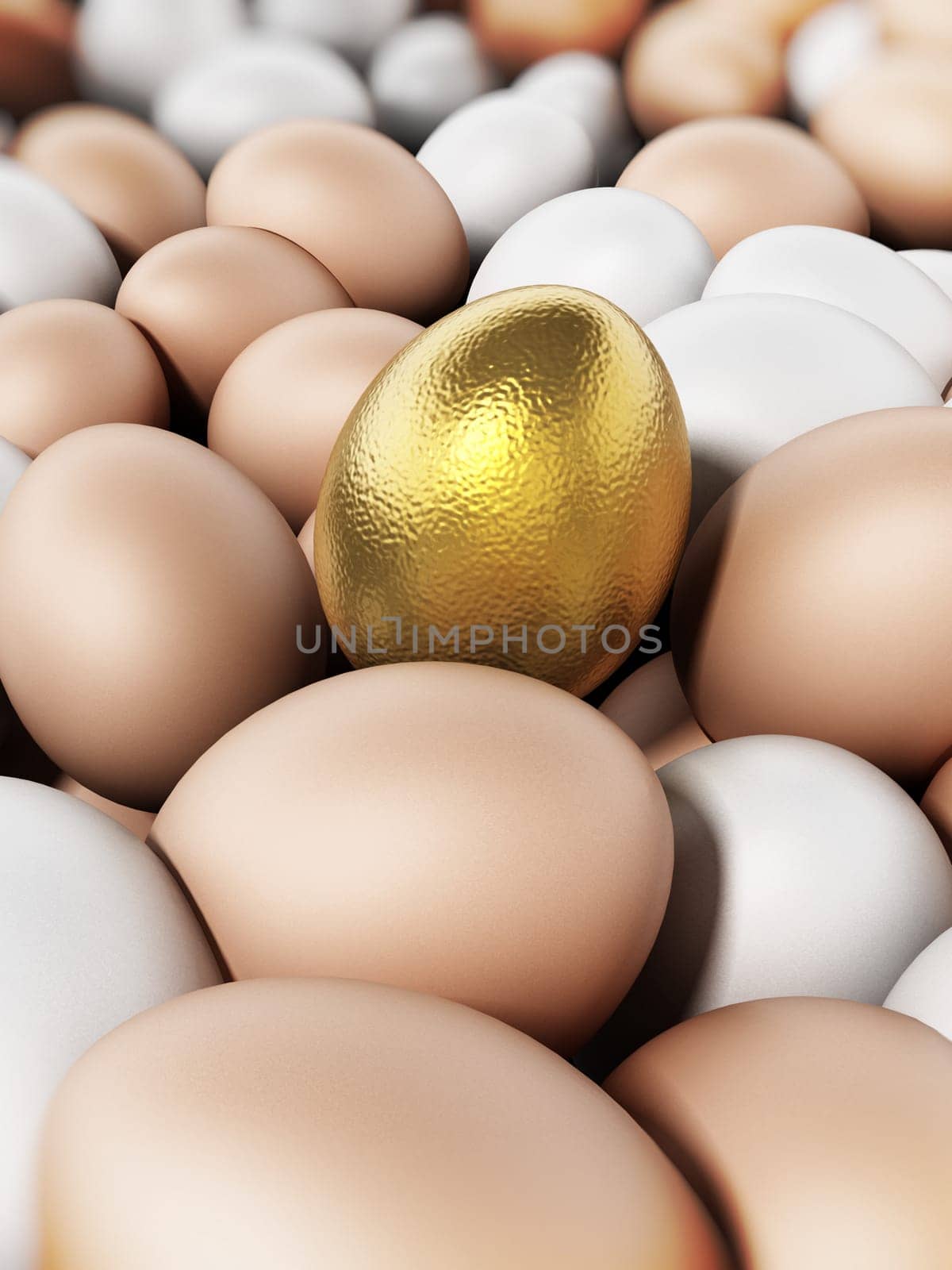 Golden egg standing out among brown and white eggs. 3D illustration.