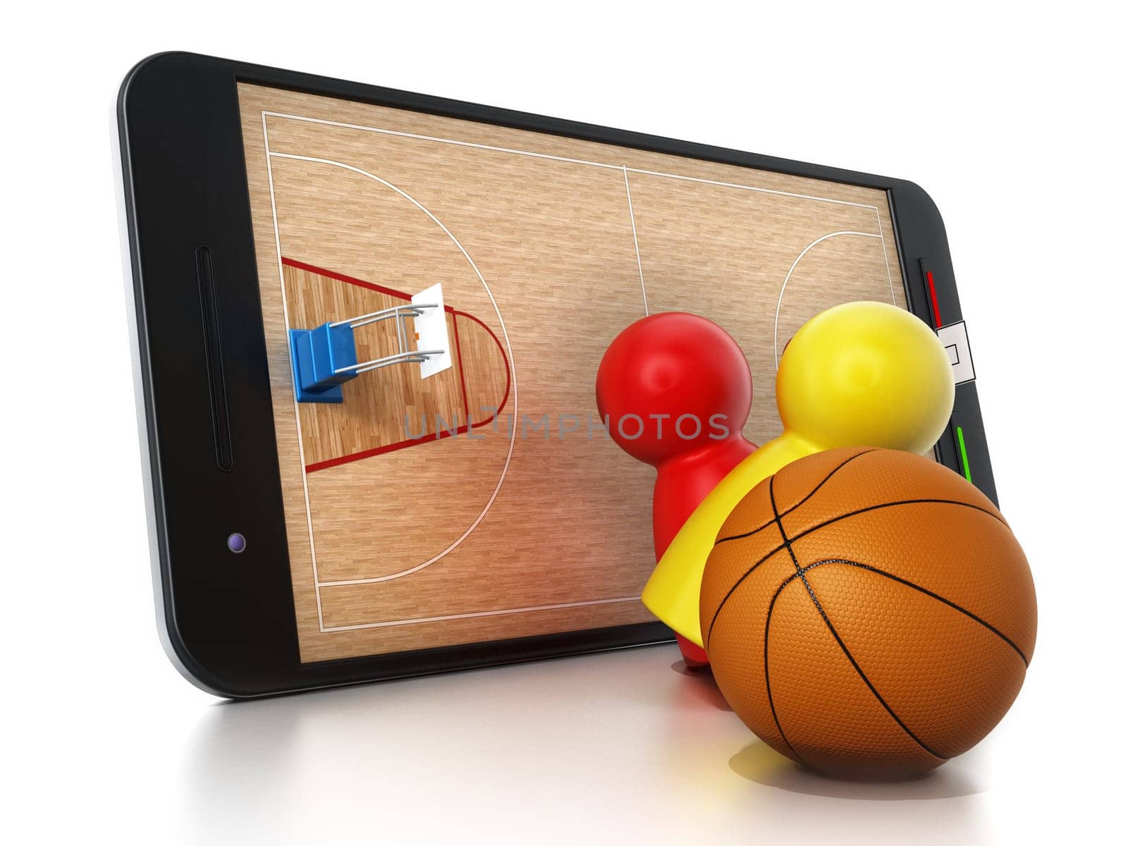 Basketball court, hoops and players standing on smartphone. 3D illustration.