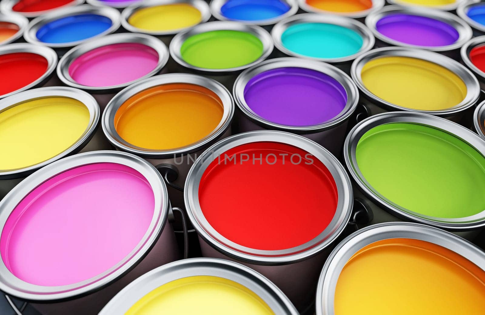 Multi colored paint cans background. 3D illustration.