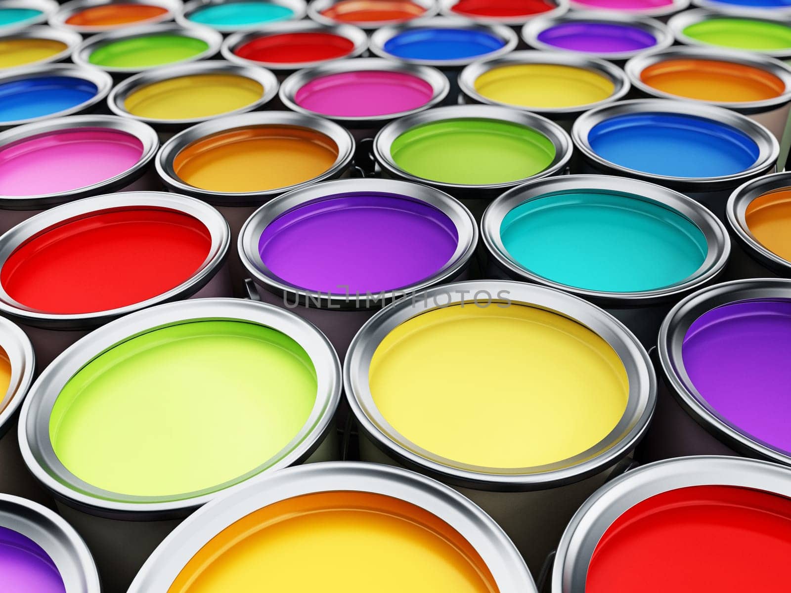 Multi colored paint cans background. 3D illustration.