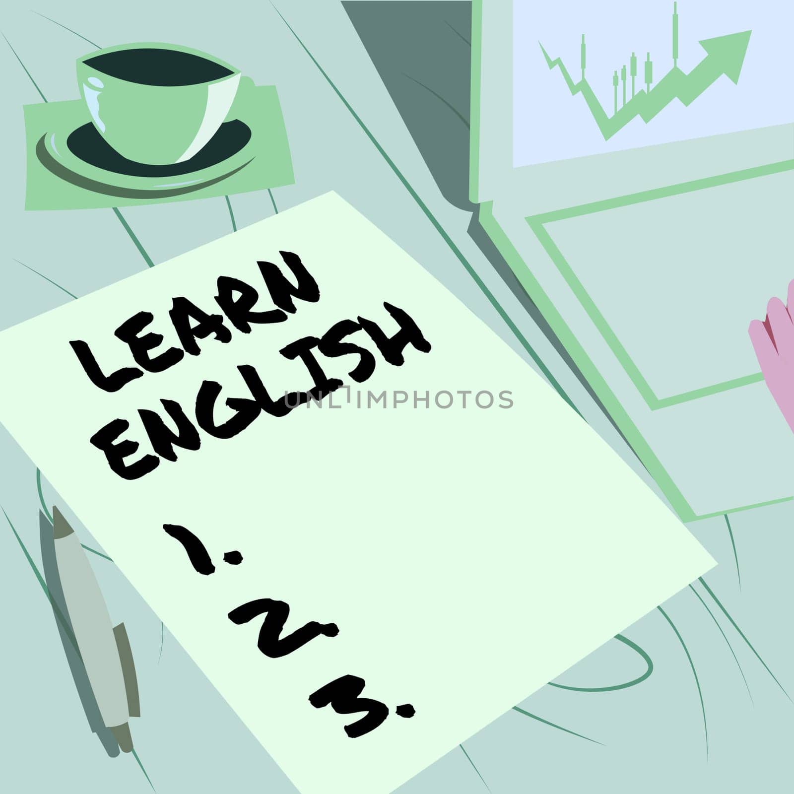 Sign displaying Learn English, Business overview Universal Language Easy Communication and Understand Laptop Resting Beside Coffee Mug And Plain Sheet Showing Work Process.