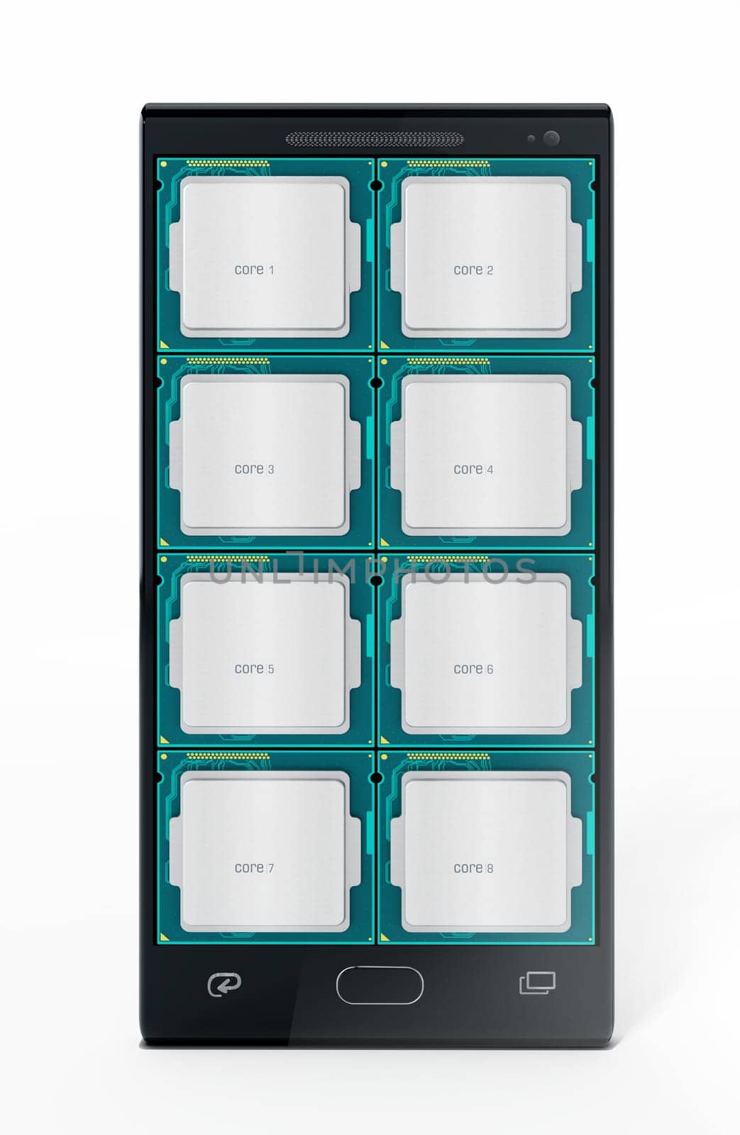Eight microprocessor cores on smartphone. 3D illustration.
