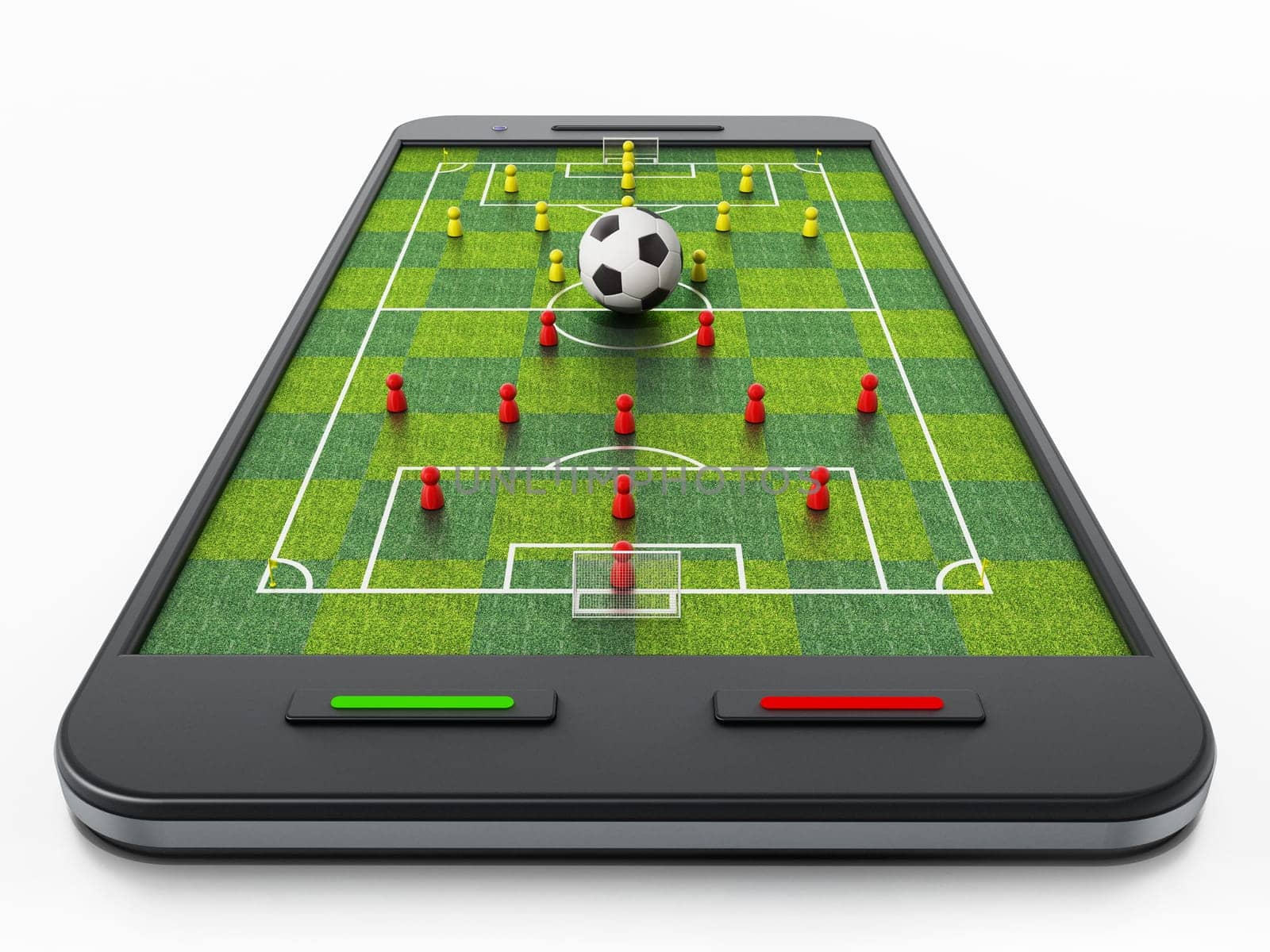 Smartphone with soccer field, football and pawns. 3D illustration.