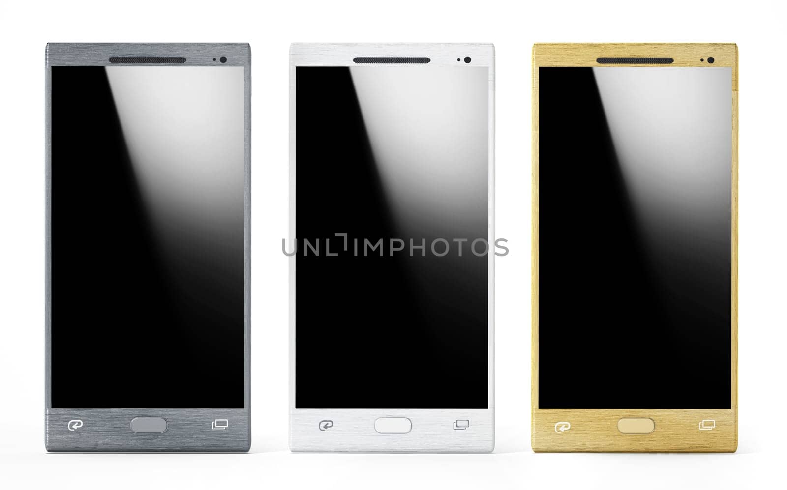 Three smartphones with blank screens isolated on white background. 3D illustration.