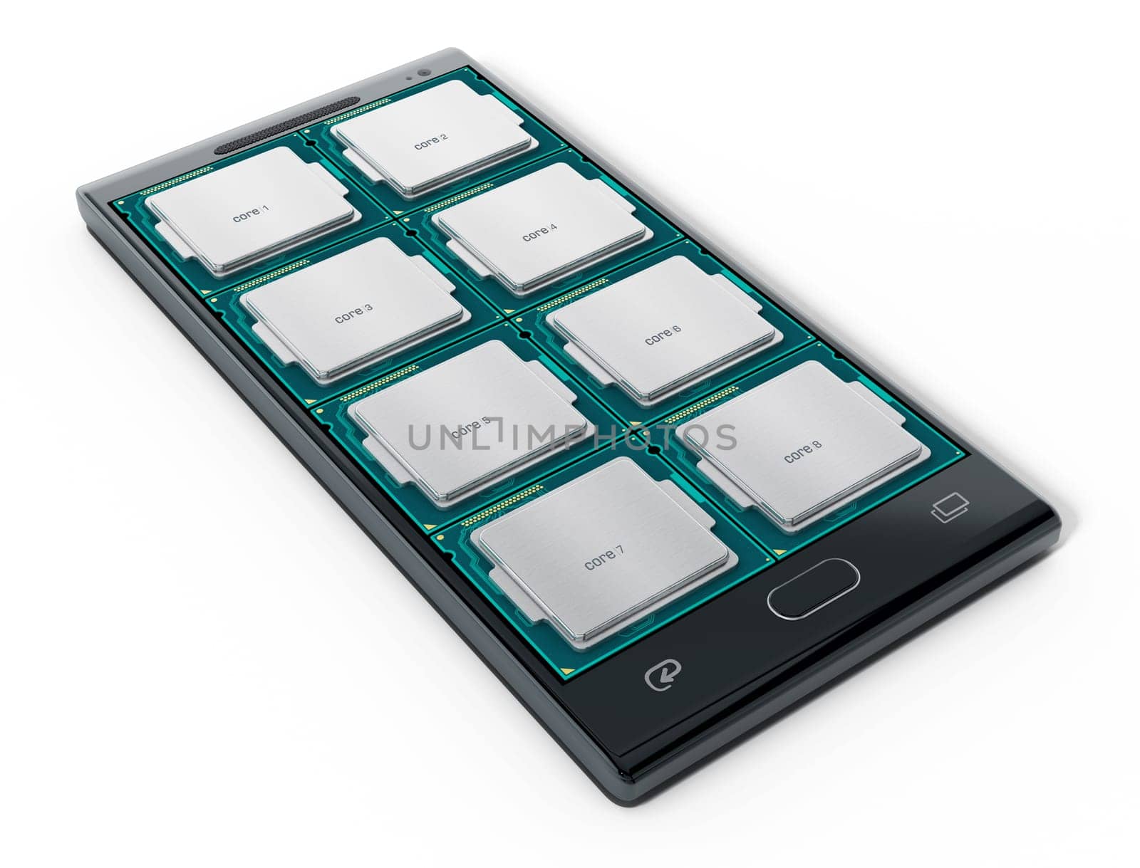 Eight microprocessor cores on smartphone. 3D illustration.